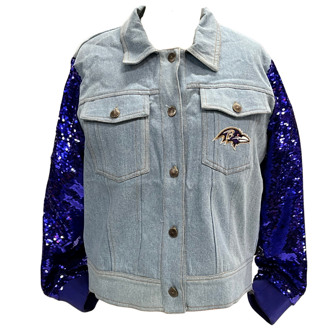 Baltimore Ravens Women's Denim Jacket With Sequin Sleeves | Poor