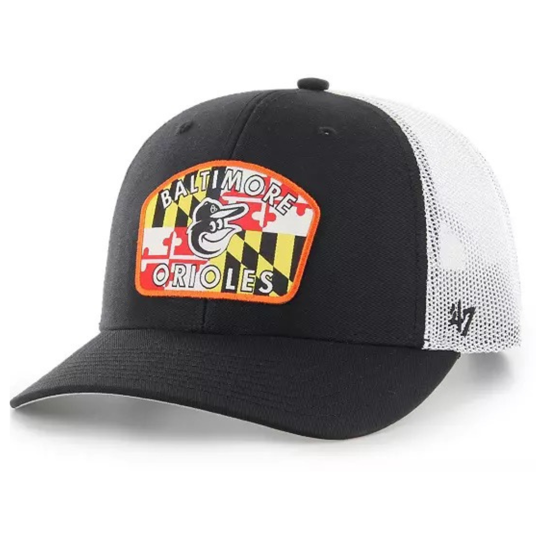 Baltimore Orioles 47 Brand Black Pitch Adjustable Trucker hat