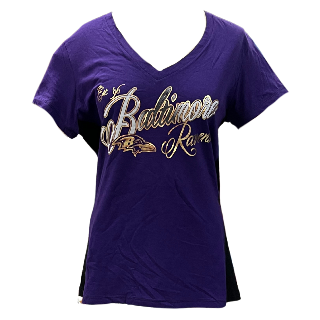 Baltimore Ravens Women s Gold Script Bling Shirt Poor Boys Sports