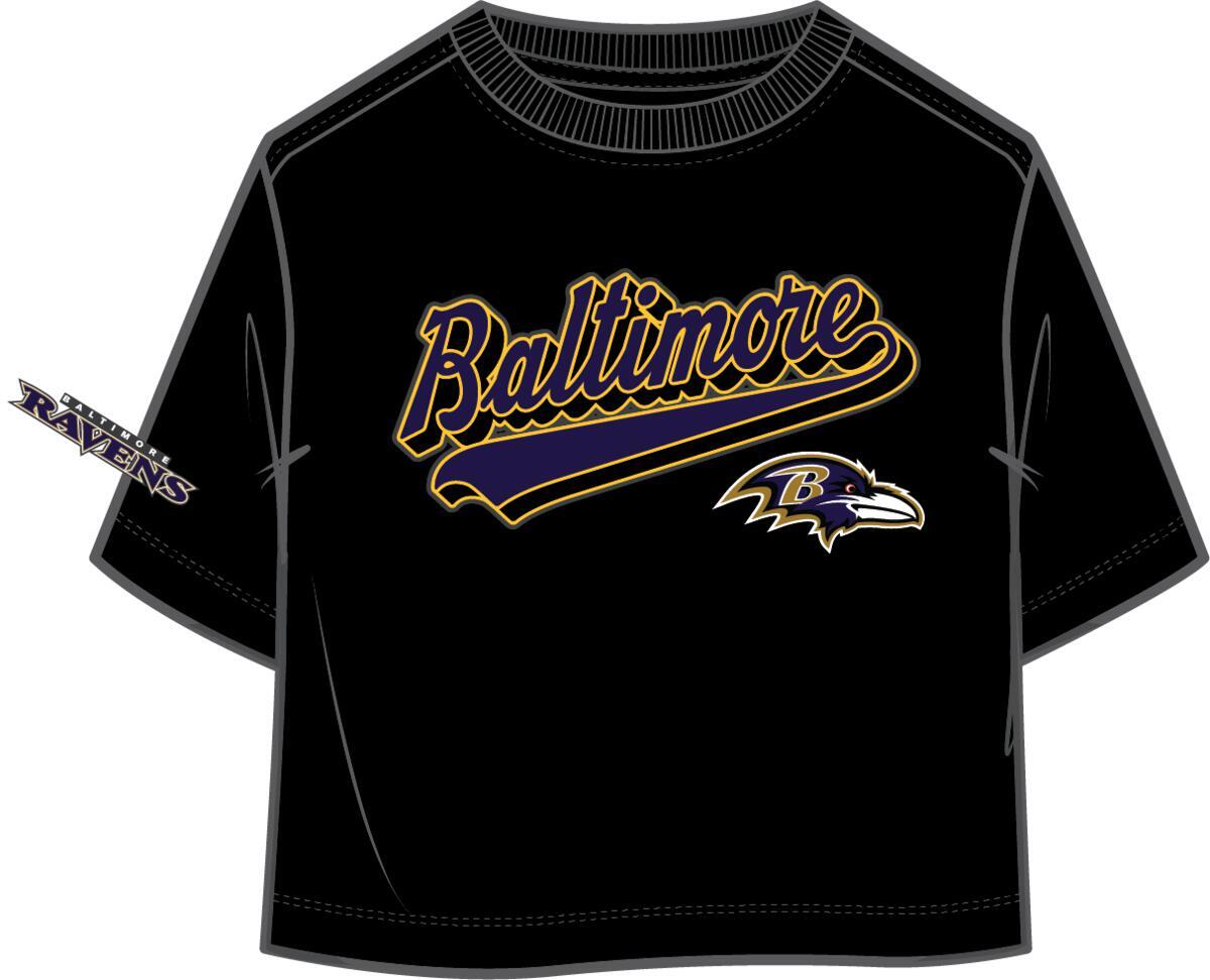 Baltimore Ravens Women s Script Tail SJ Boxy Black Tee Poor Boys Sports